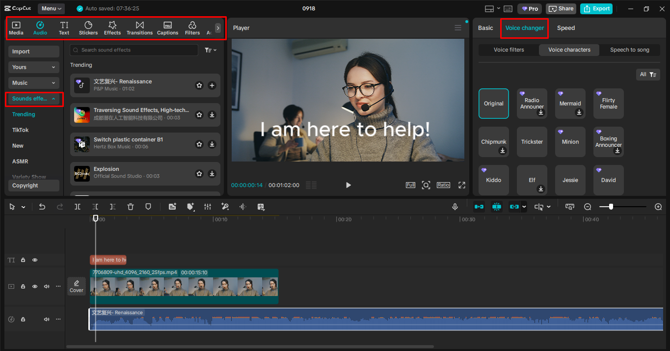 Changing voice in CapCut desktop video editor