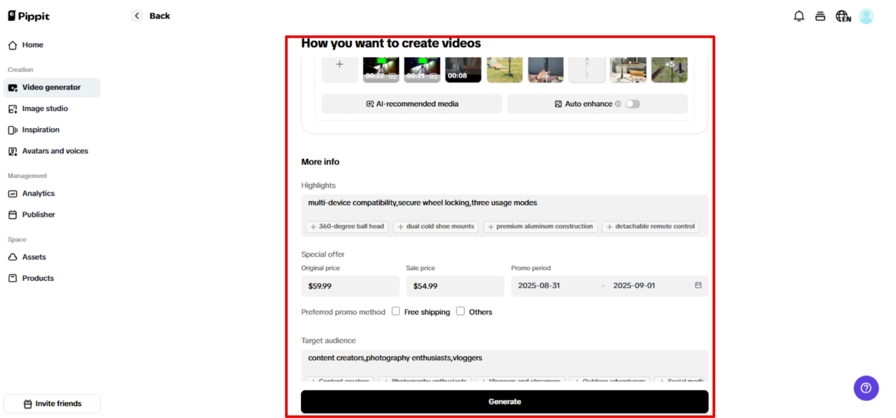 Producing video in Pippit