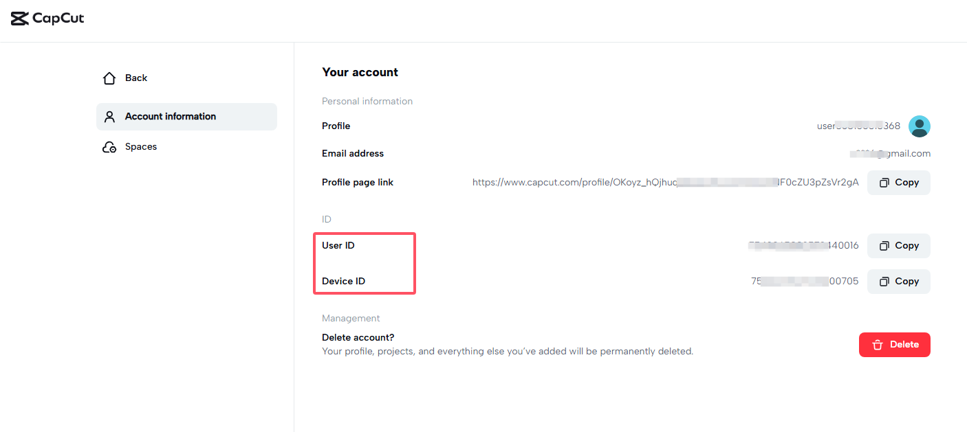 Find UID and DID on the CapCut web