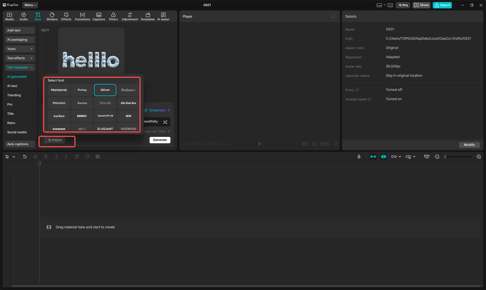 Choosing your desired text font in CapCut