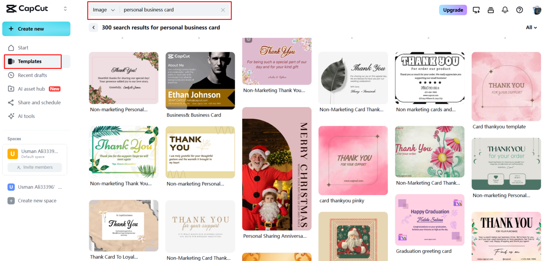Finding a good business card template in CapCut Web