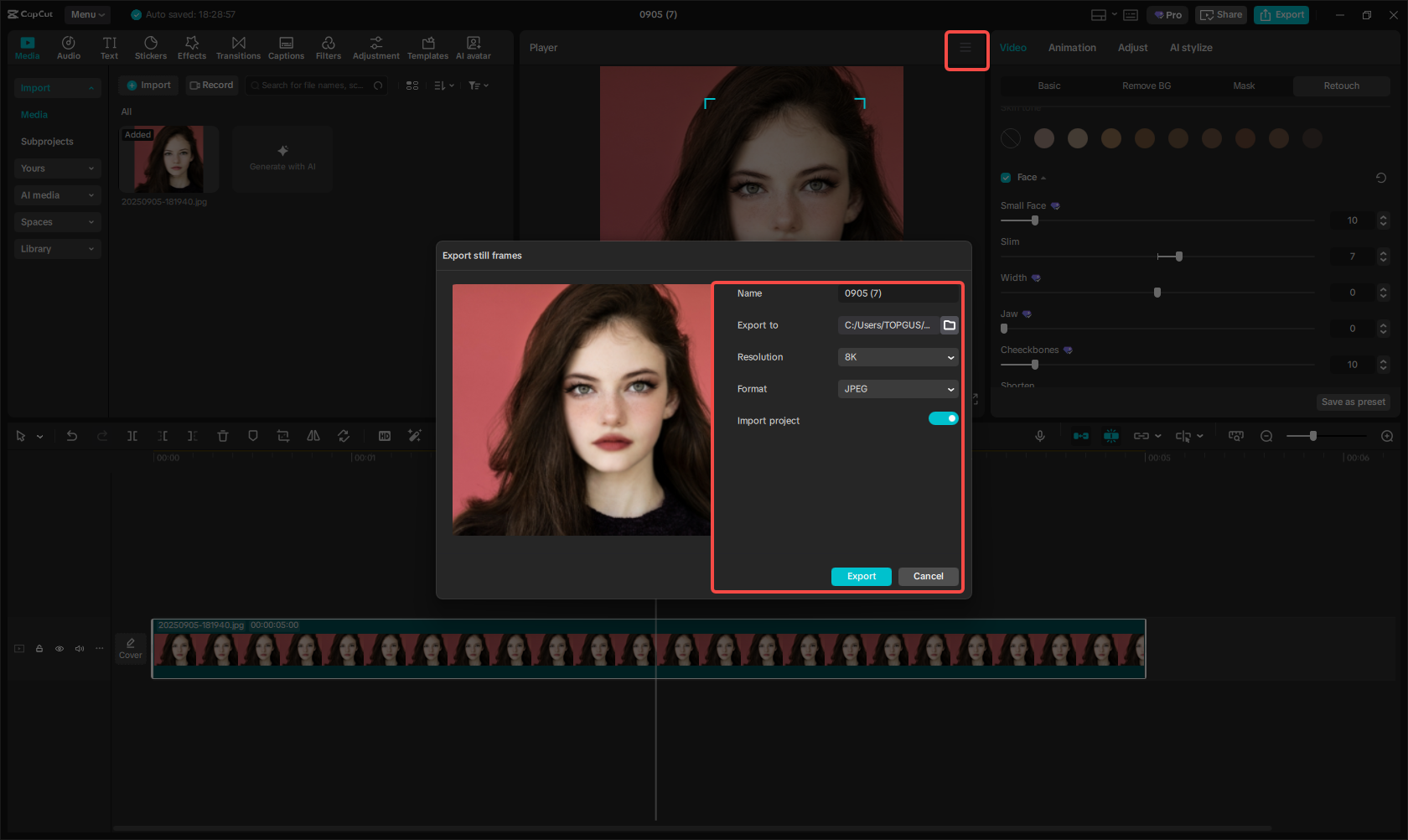 Export the retouched image