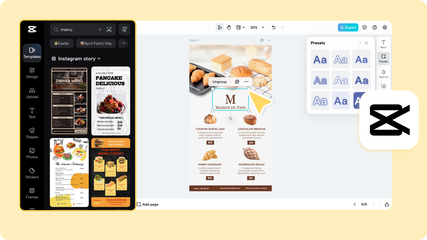 menu blank template