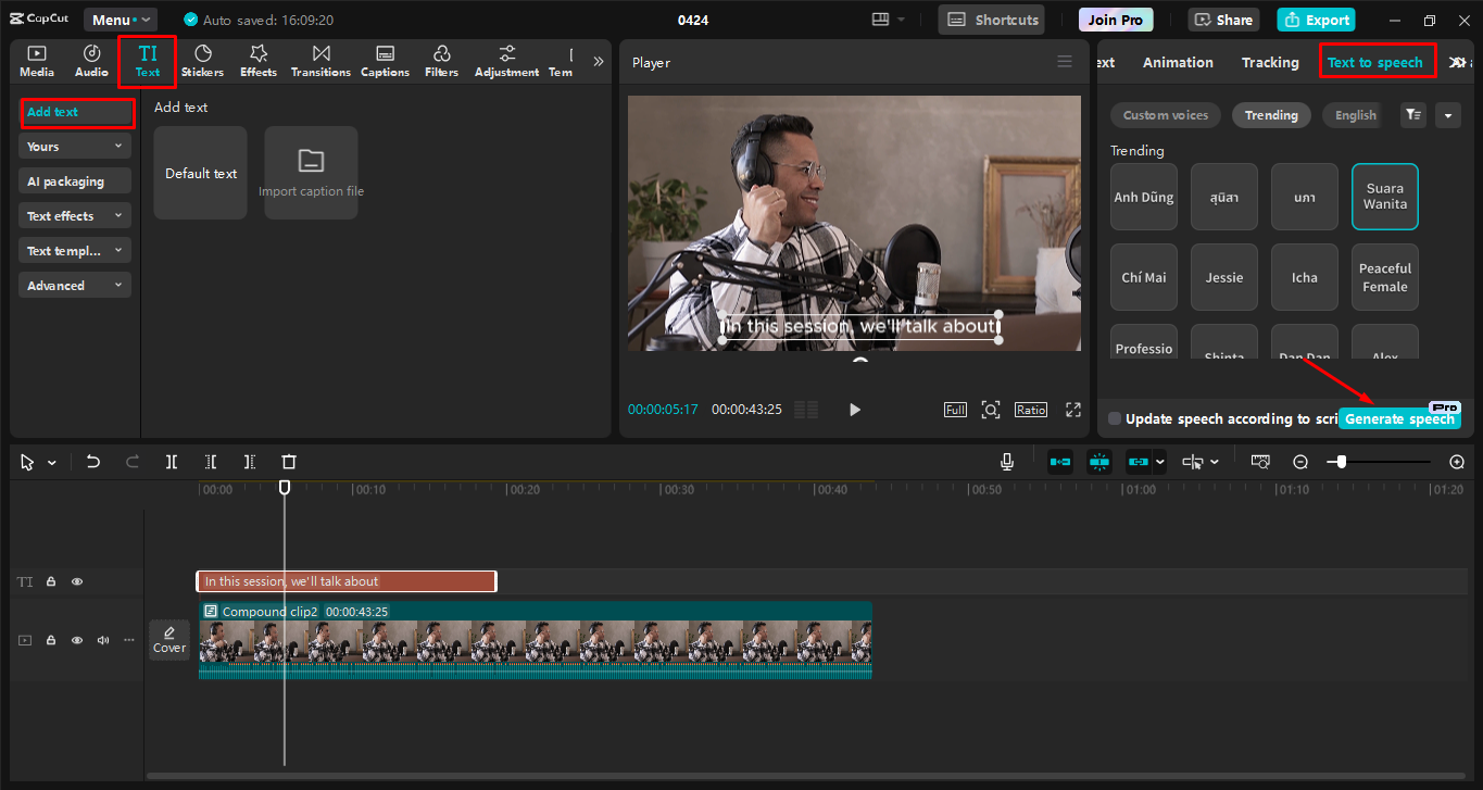 Converting text to speech in the CapCut desktop video editor