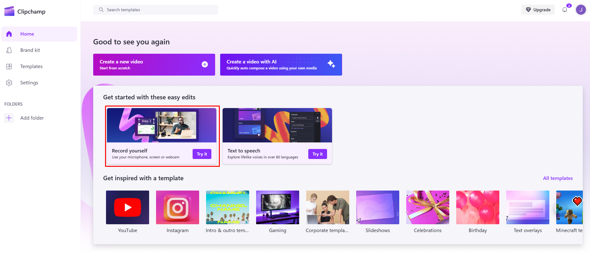 Interfaccia Clipchamp