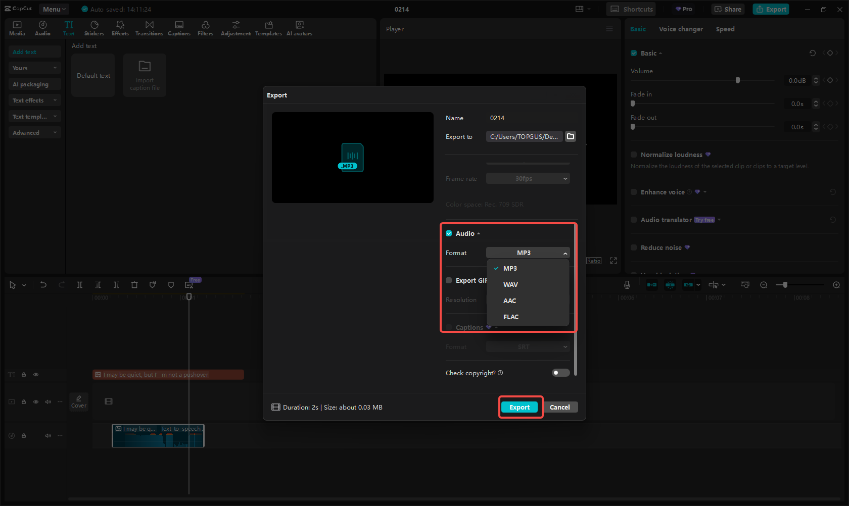 Export Fluttershy audio