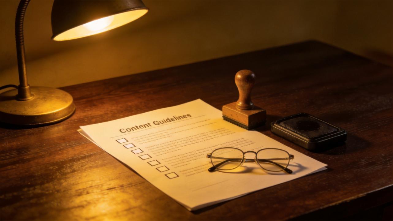 Content guidelines document on a wooden desk beside glasses, a stamp, and a lamp