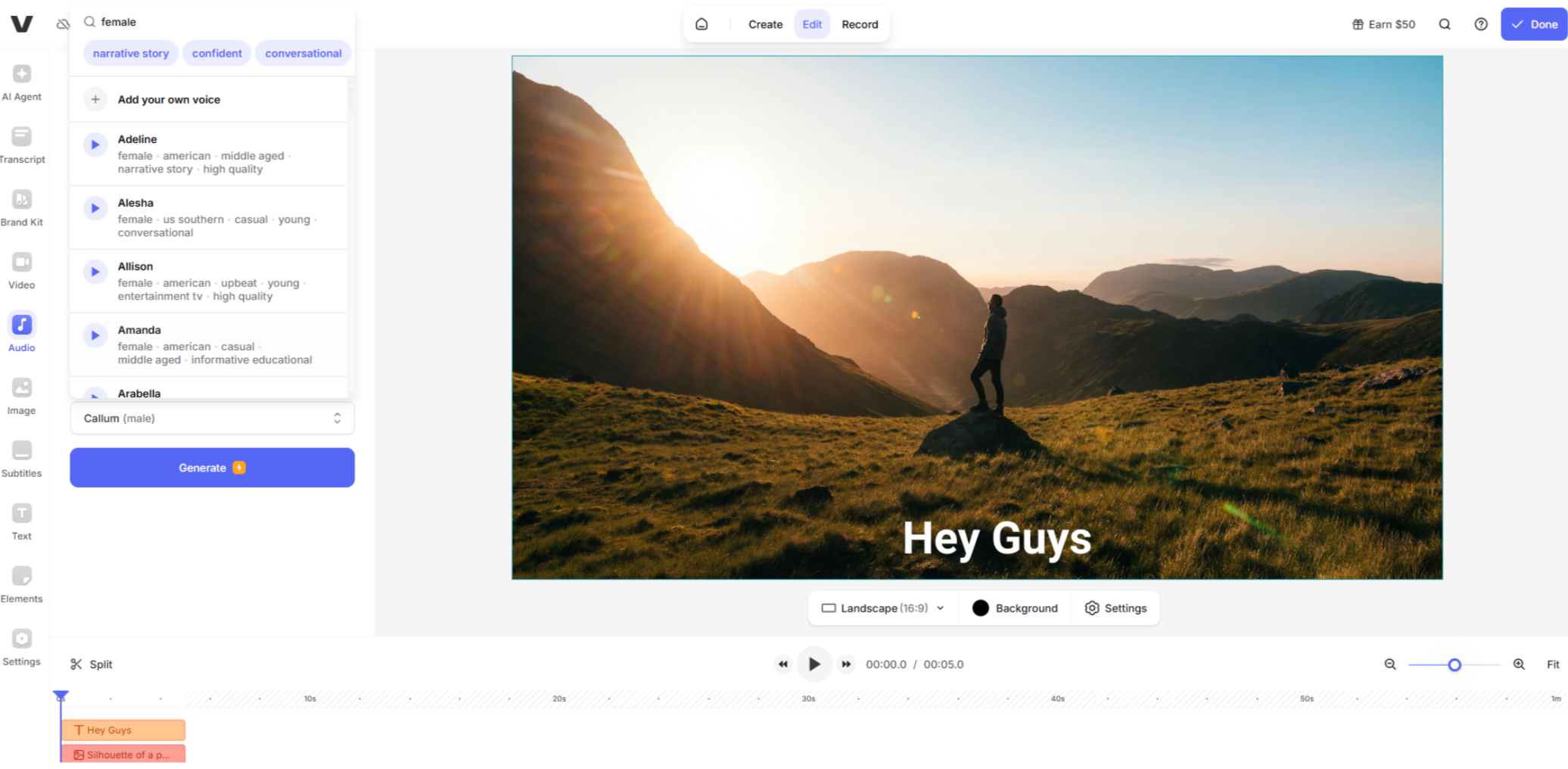 Interfaccia di Veed.io - un user-friendly online ragazza voice changer