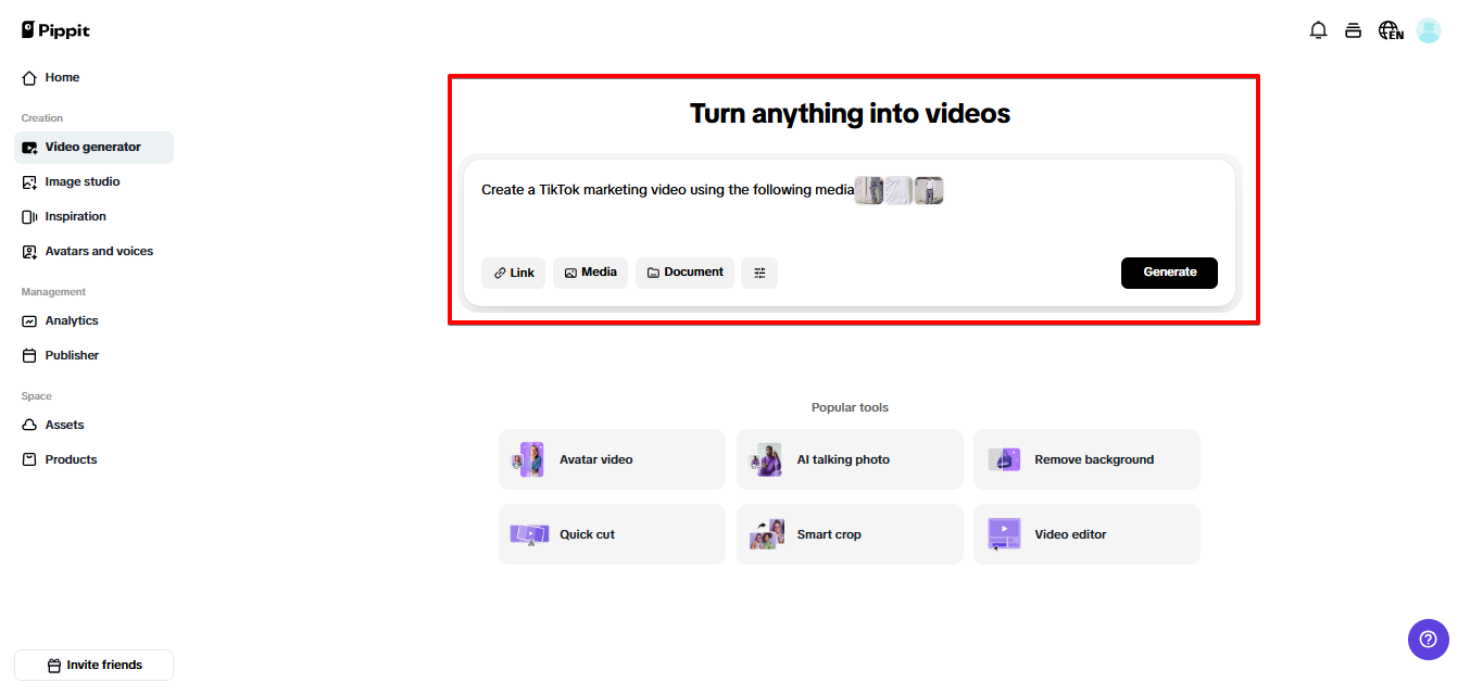 Opening video generator in Pippit