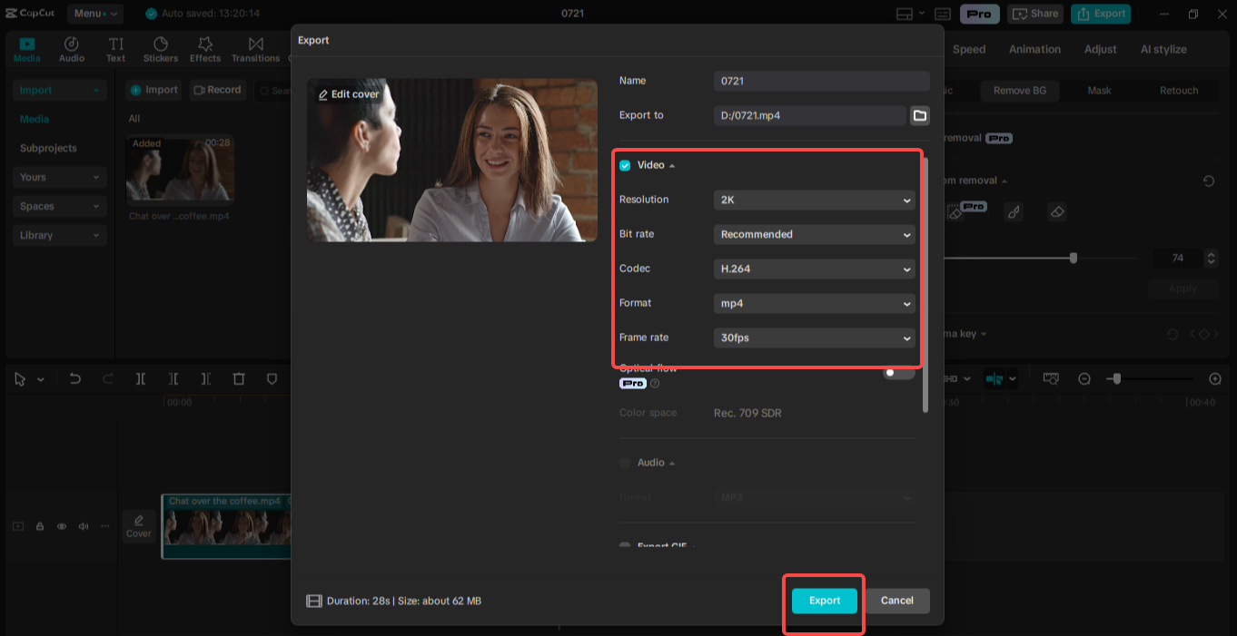 Exporting the video in CapCut