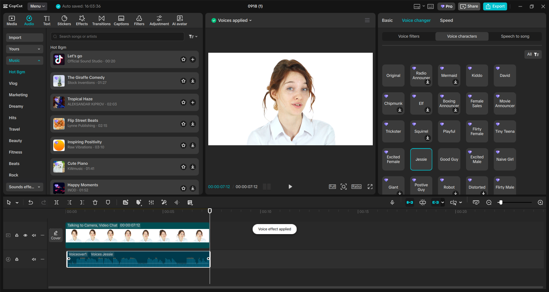 Interfaccia dell' CapCut editor video desktop - uno strumento offline per applicare effetti vocali ragazze nei video