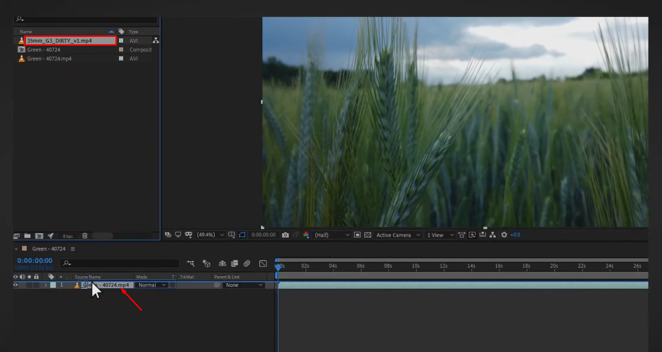 ייבוא קליפ התבואה בסרט After Effects