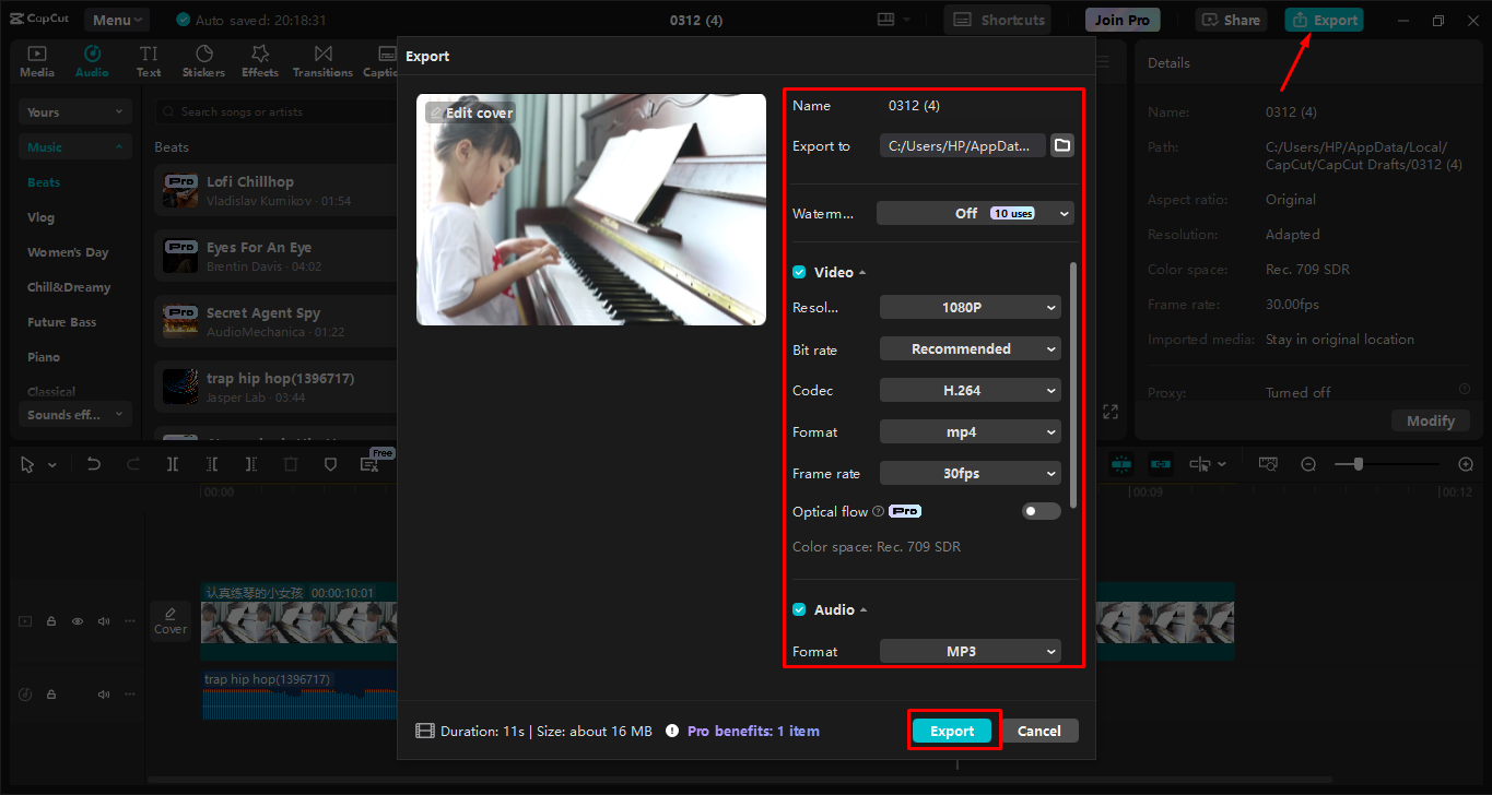 Export your video to the CapCut desktop video editor