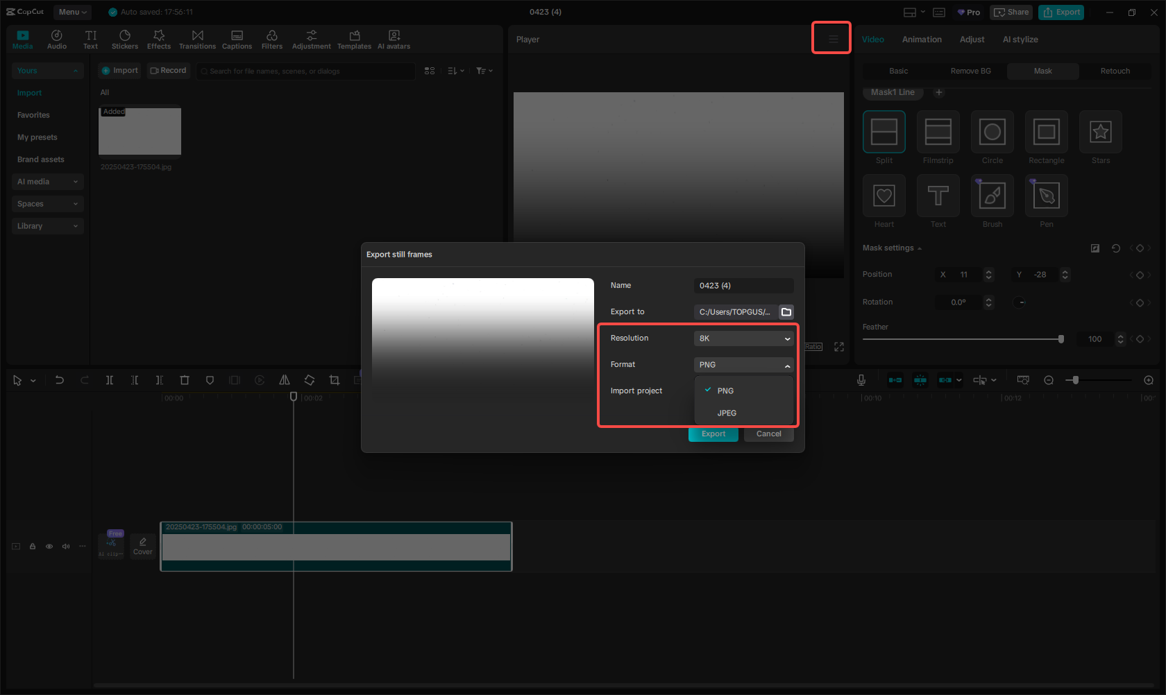 Exporting a PNG image in CapCut