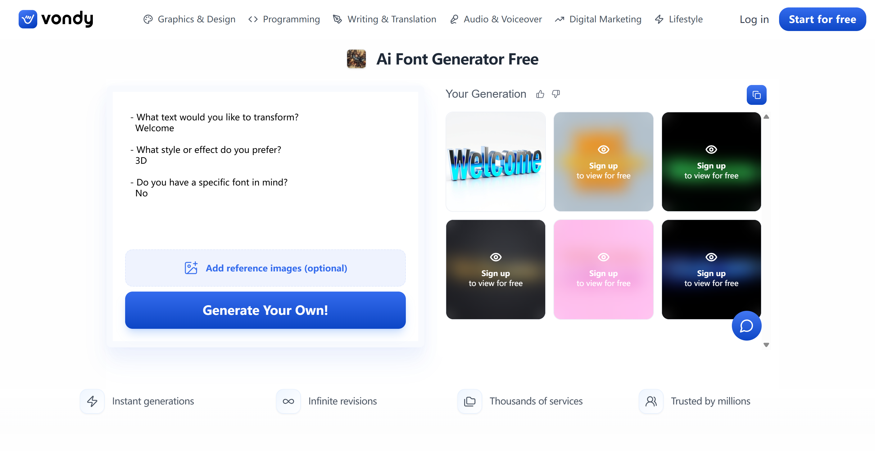 Interfaz de Vondy: un generador de texto de IA fácil de usar