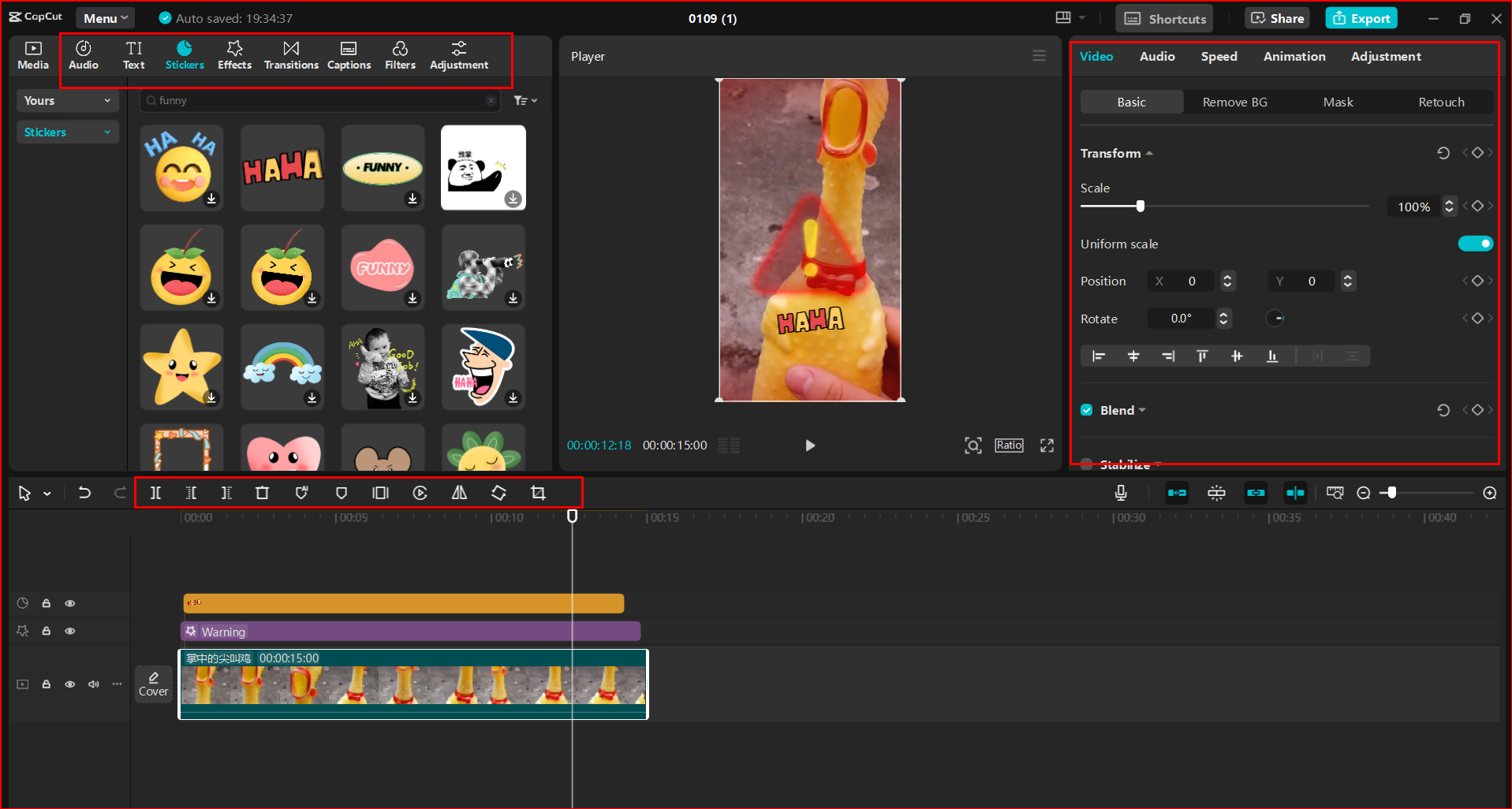 L'interface de l' CapCut éditeur vidéo de bureau, éditant des courts métrages YouTube amusants