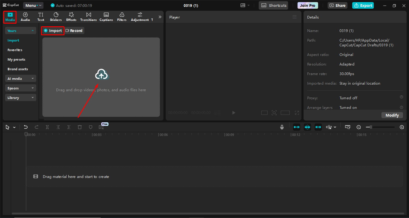 Hochladen von Videos auf den CapCut Desktop-Video-Editor
