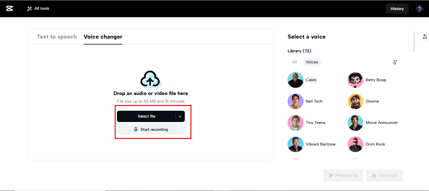 Uploading the audio into the CapCut online video editor