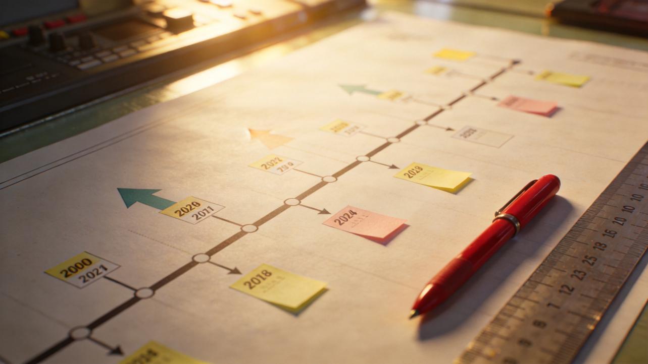 Timeline diagram on paper with sticky notes and a red pen beside a ruler