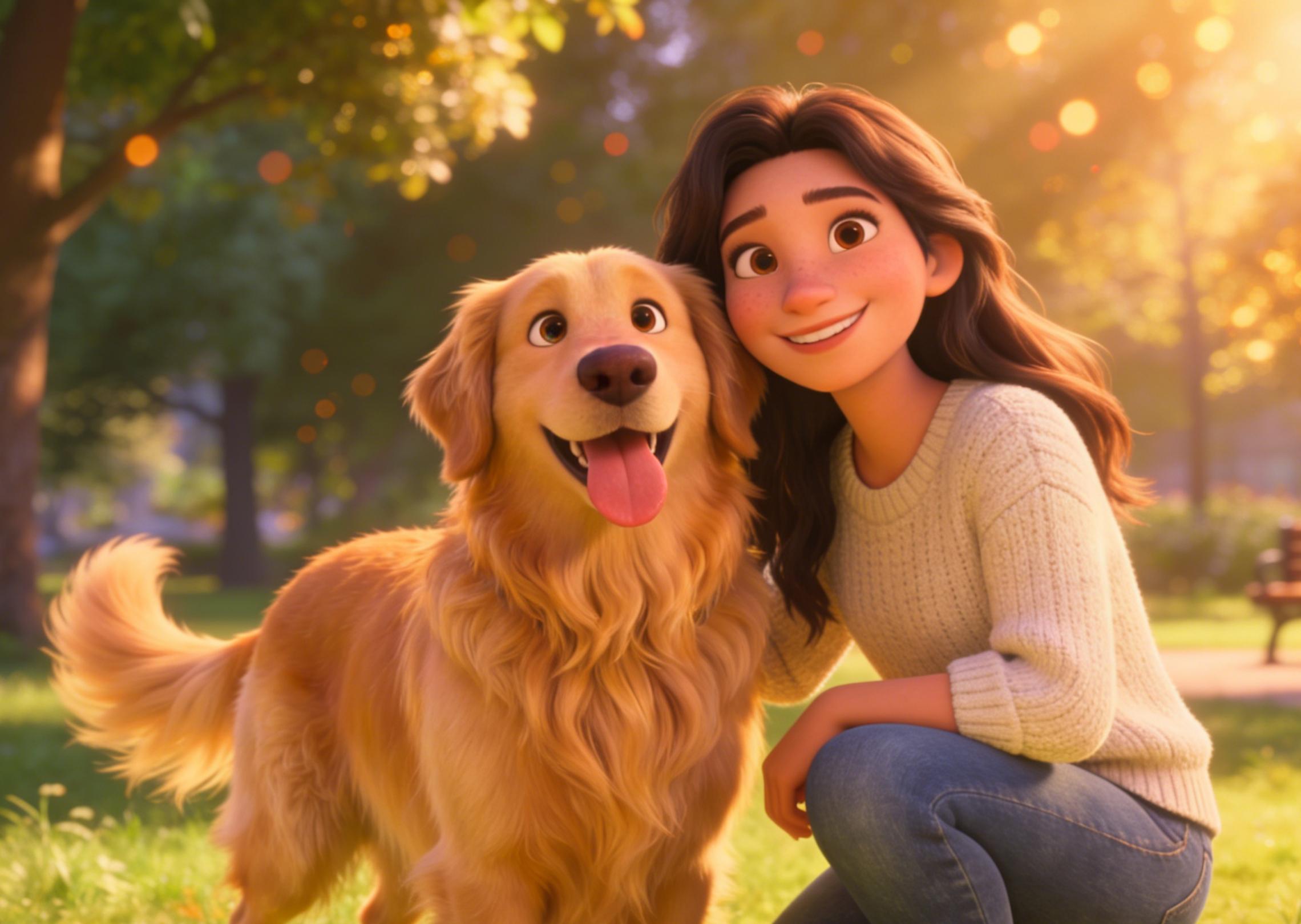 Bir parkta köpeğiyle bir kadının kişiselleştirilmiş bir portresini yapın