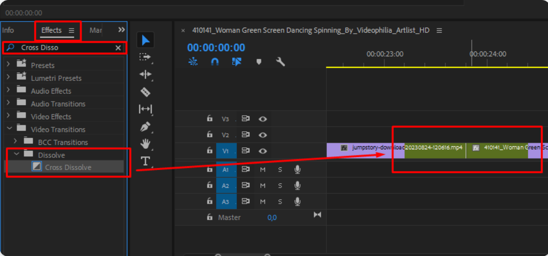Applicazione della transizione dissolve film in Premiere Pro