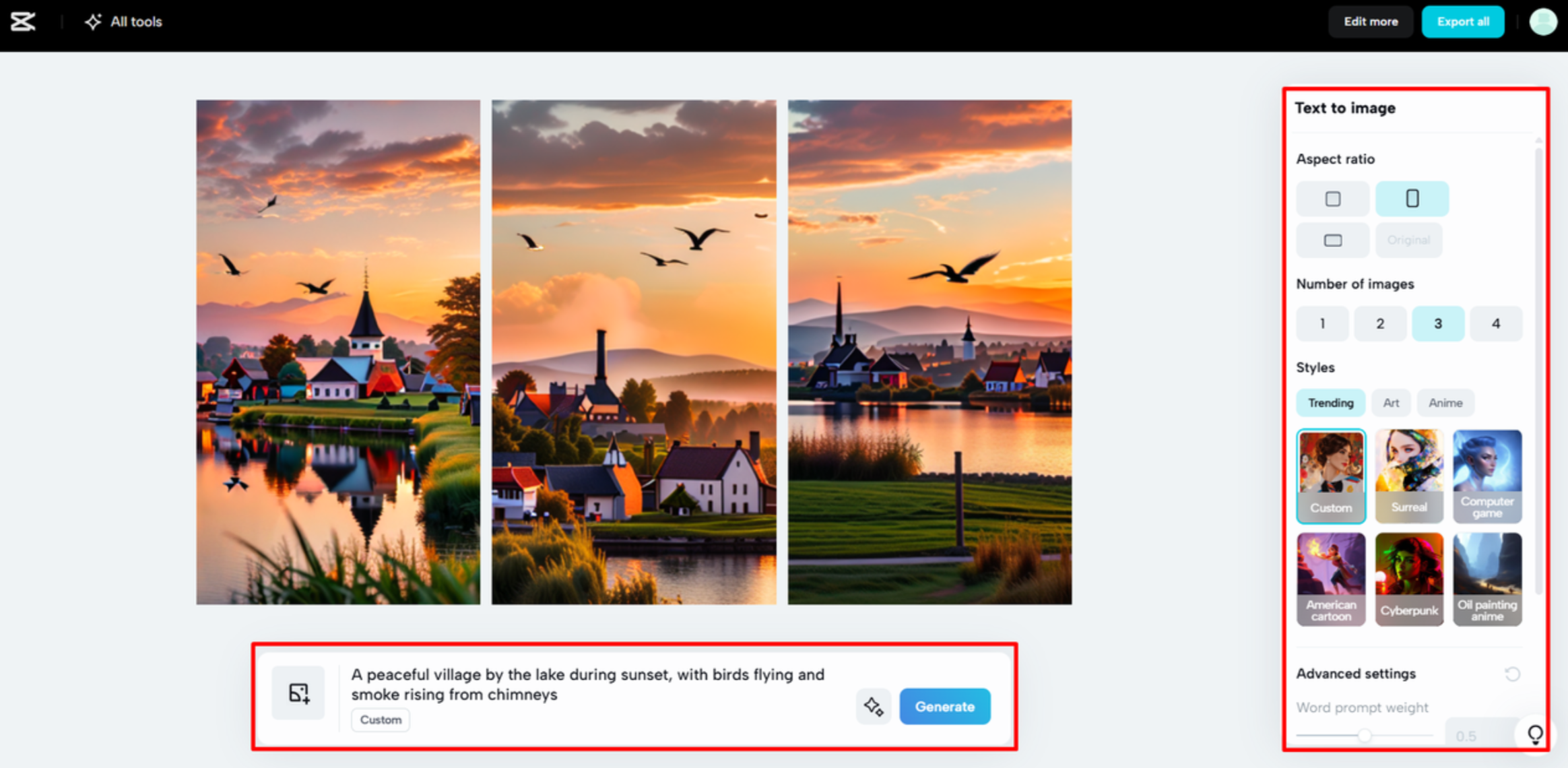 Generating AI images using CapCut Web