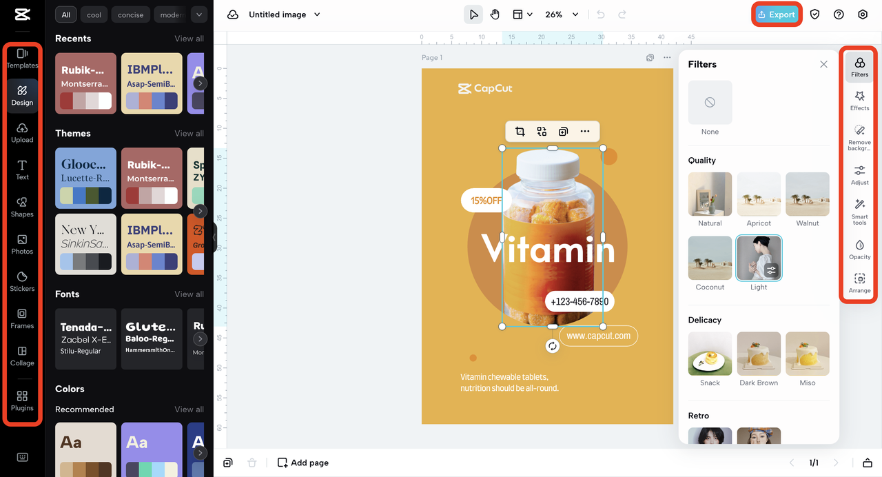 CapCut AI Design canvas với thẻ KPI tài chính có thương hiệu