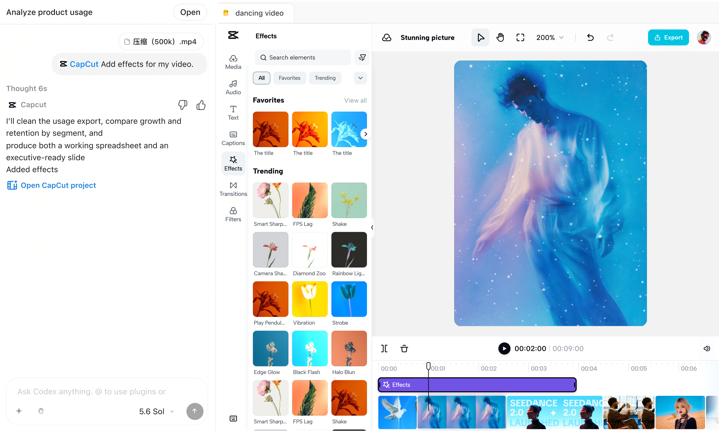 CapCut editor applicando automaticamente effetti visivi e media per generare una prima bozza video