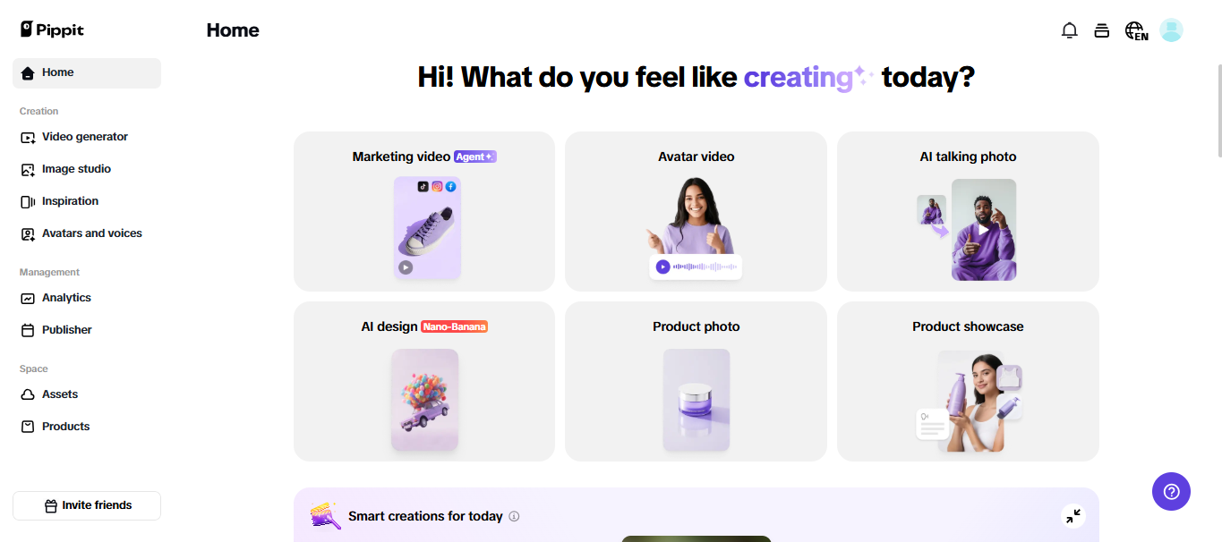 Pantalla de inicio de Pippit