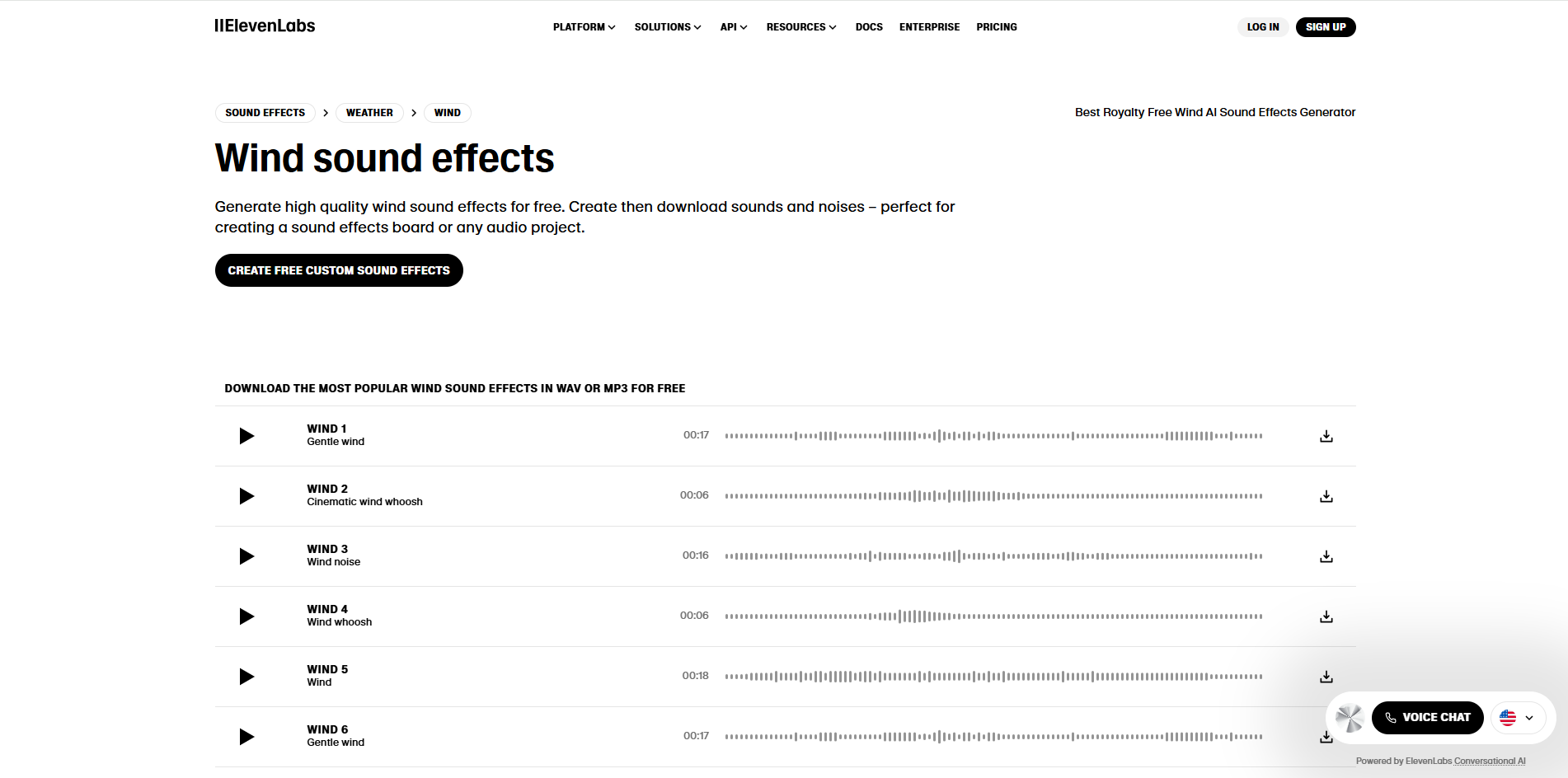 Interfaz de ElevenLabs - una manera fácil de descargar efectos de sonido de viento