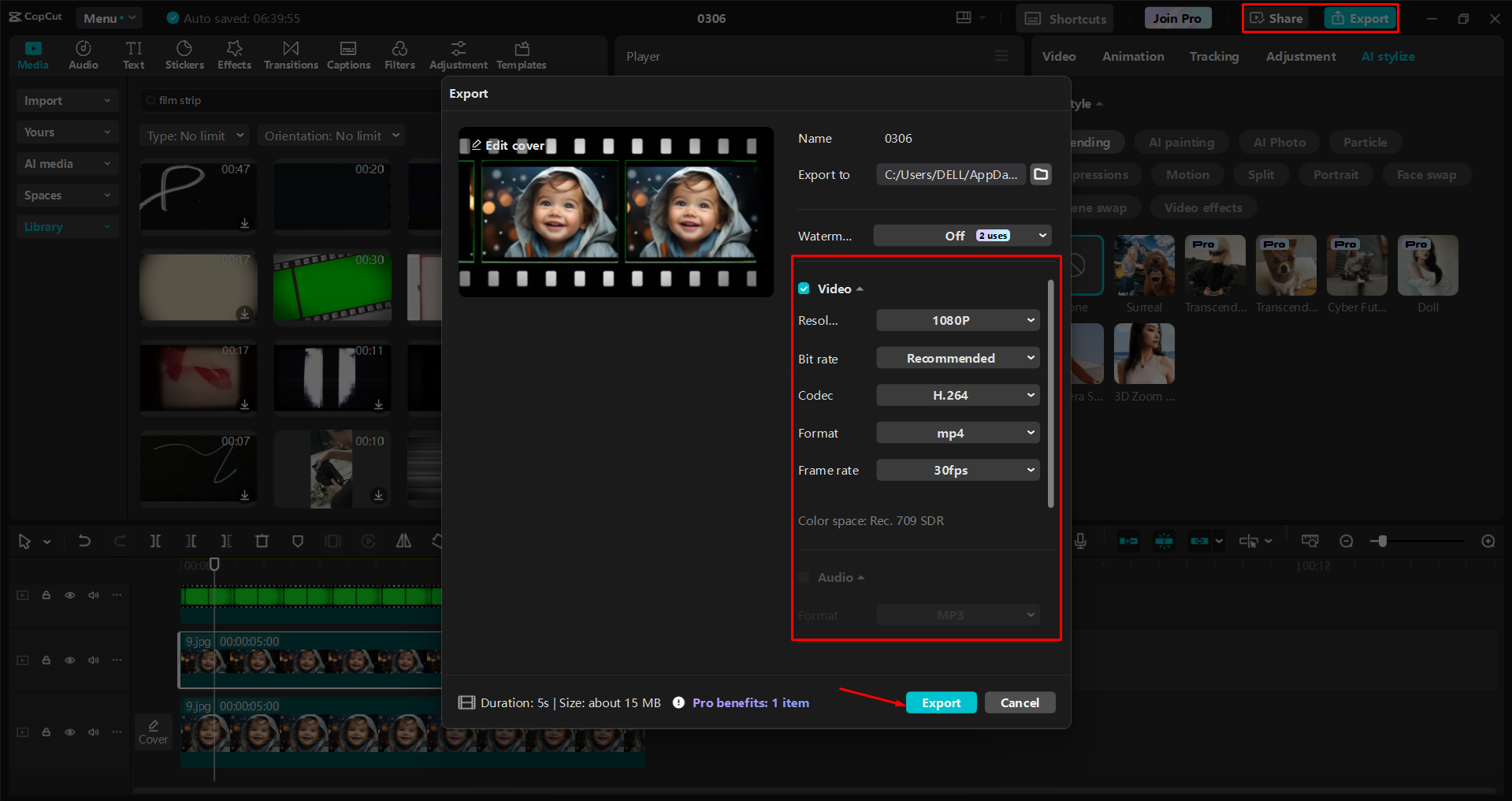 Exportar um vídeo do editor de vídeo para desktop CapCut