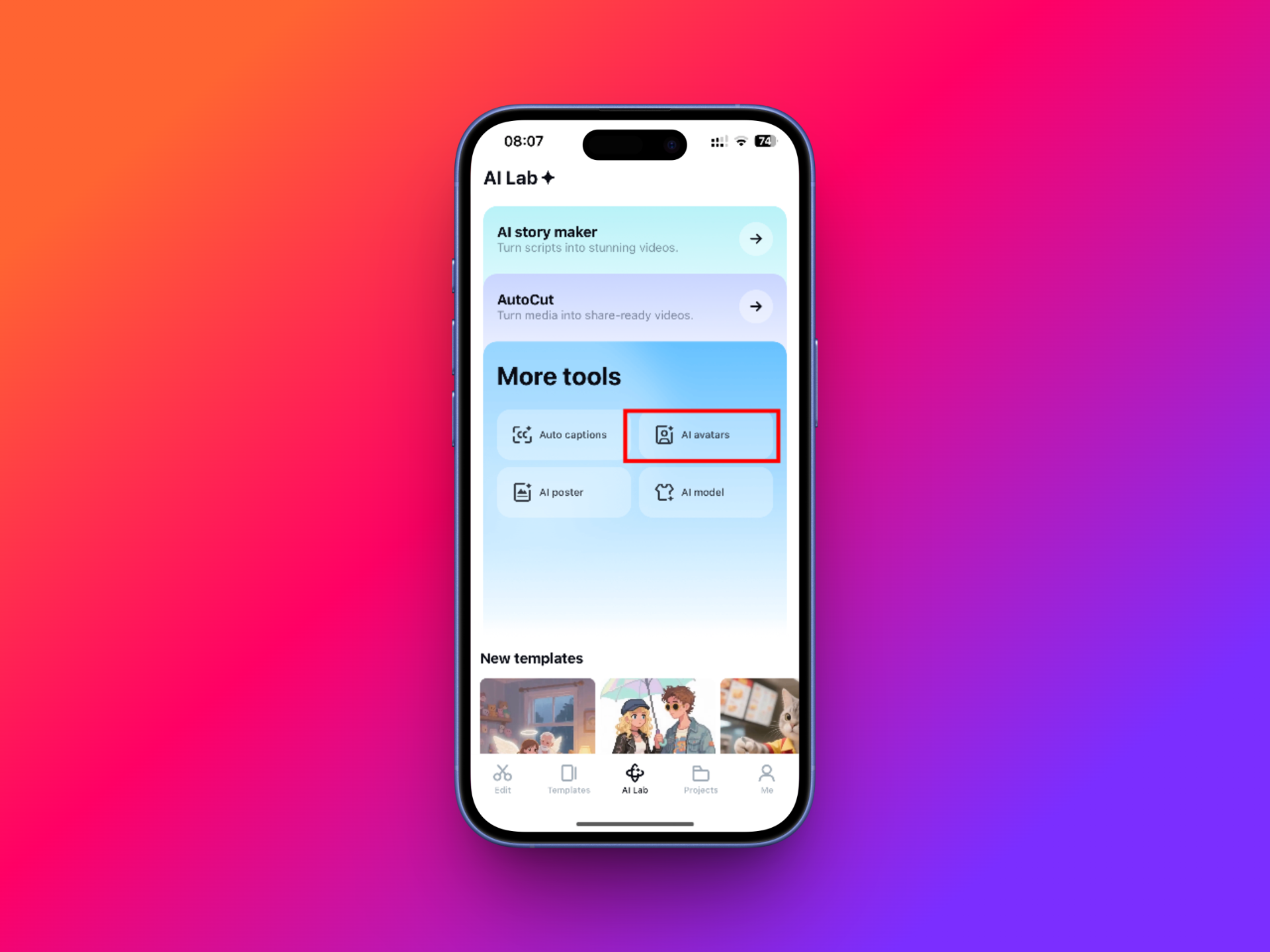 Choose the AI avatars feature