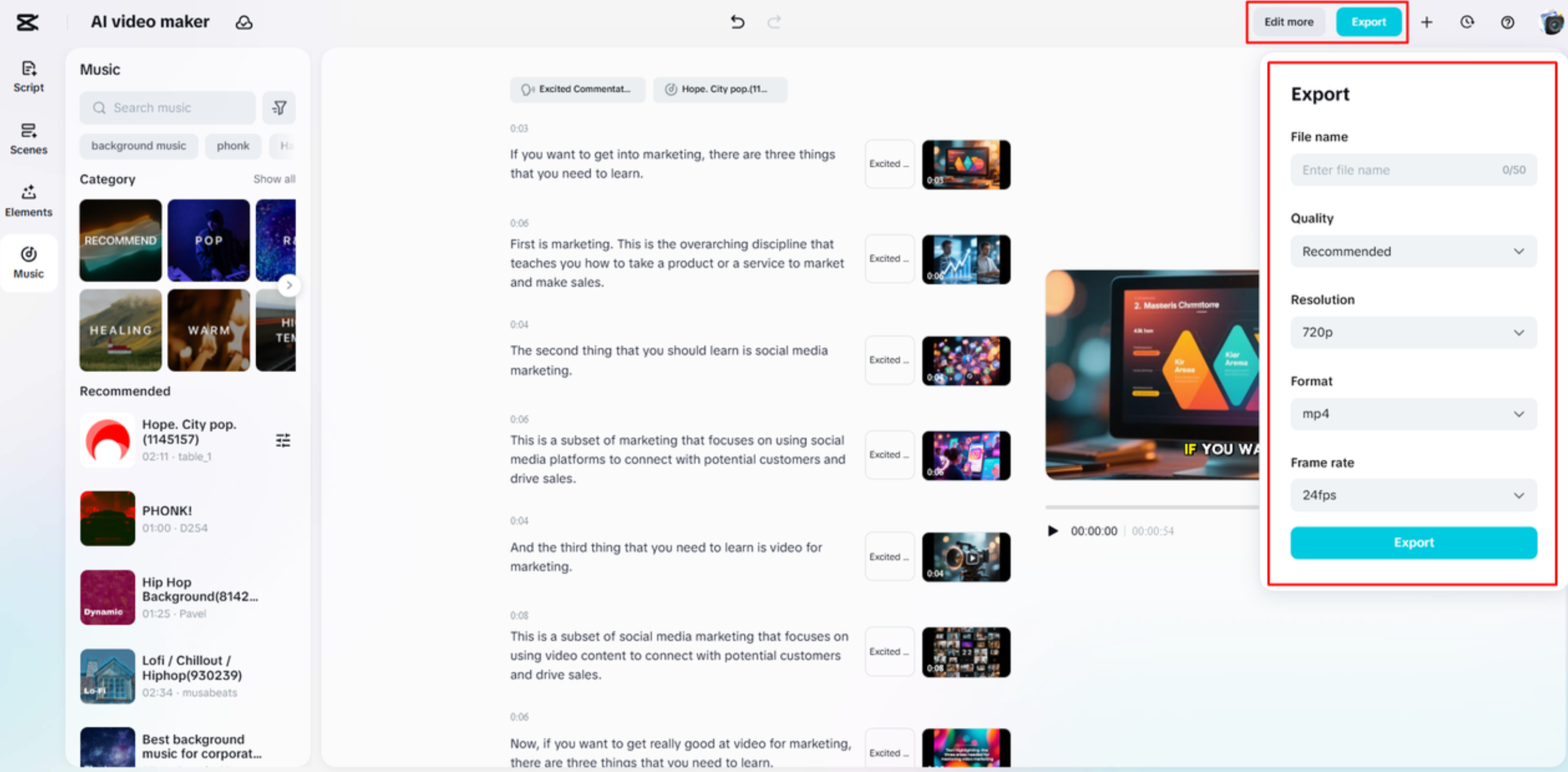 Exporting the video from CapCut Web