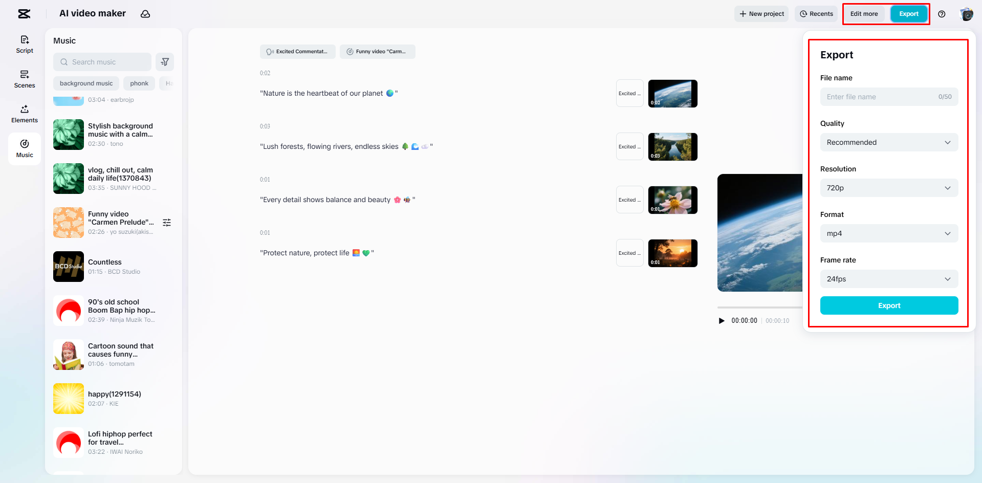 Exporting a video from CapCut Web
