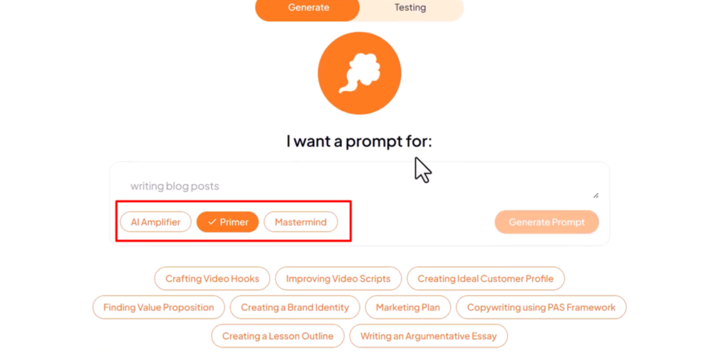Gambar yang menunjukkan cara memilih mode yang tepat di Prompt Genie