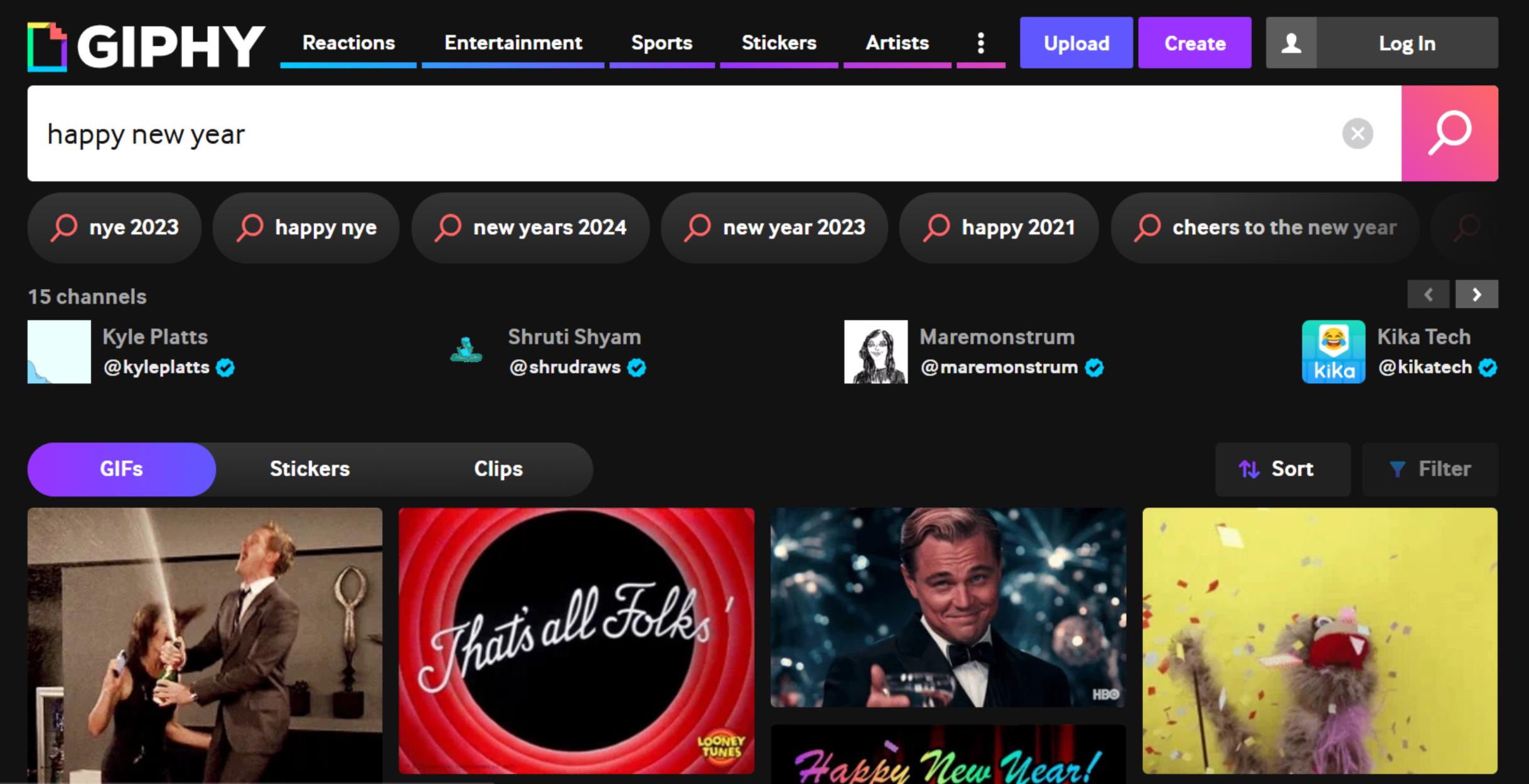 Interface of GIPHY - a reliable tool to get free happy new year 2025 animations