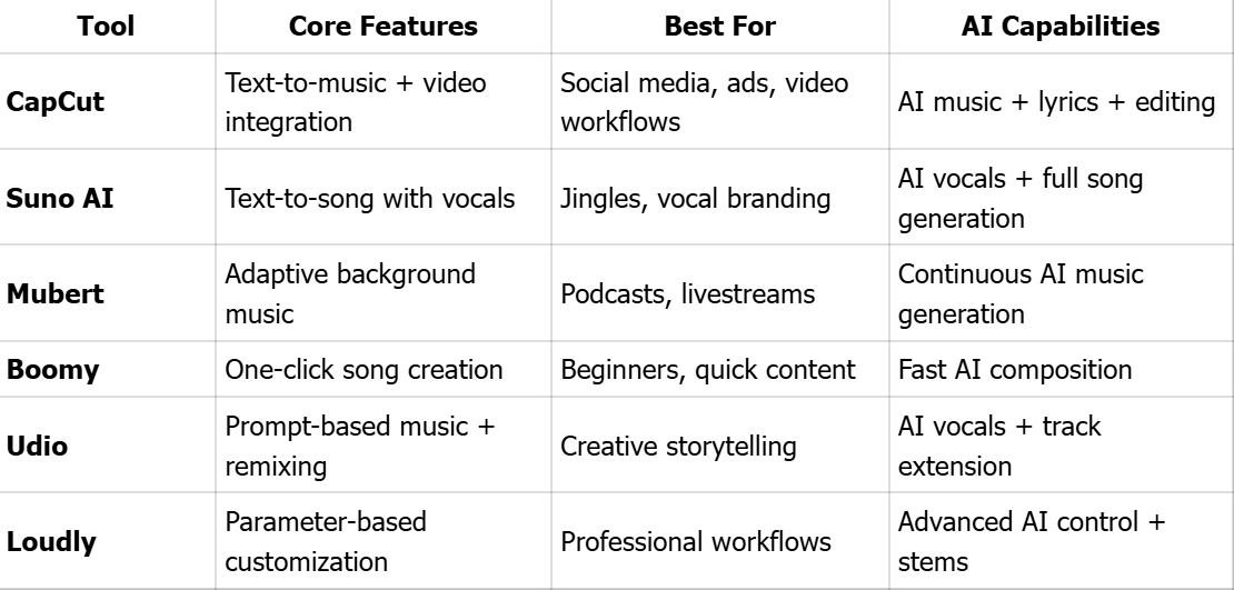 AI Music Tools Comparison Table