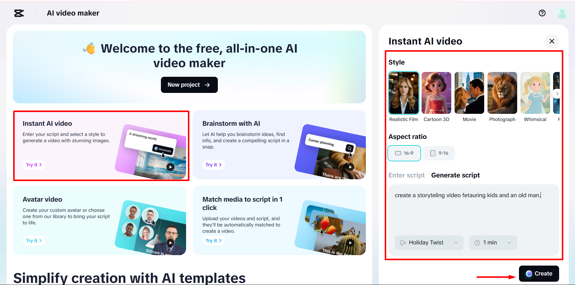 CapCut'un AI video oluşturucu ile bir senaryodan hikâye anlatımı videosu oluşturma