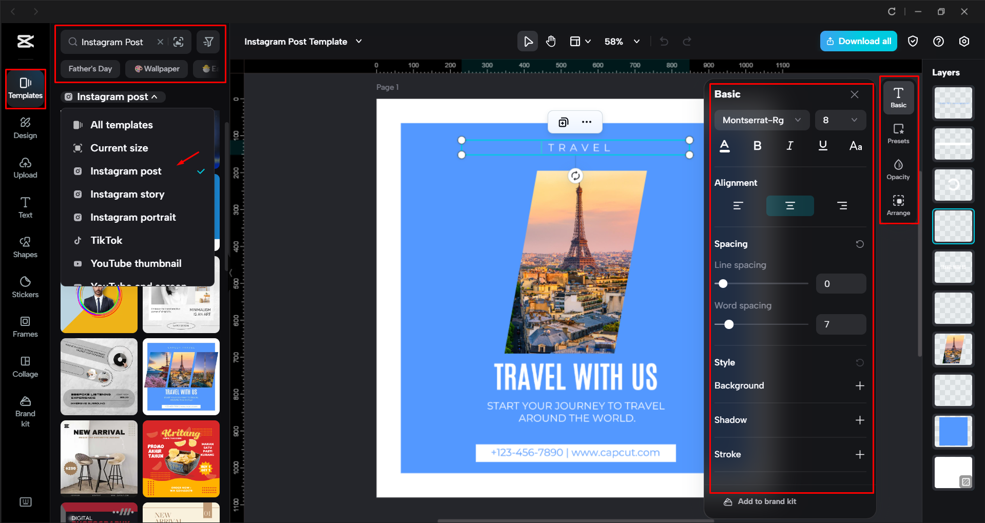 Modifica di un modello di post Instagram nell' CapCut editor video desktop