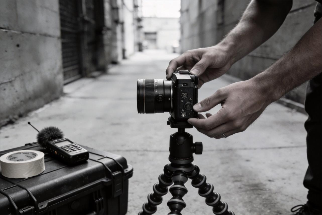 Hands adjusting a camera on a tripod in an alley, with recording gear on a case