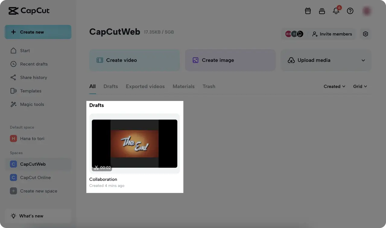 CapCut online workspace showing a shared draft, workspace navigation and Invite members control