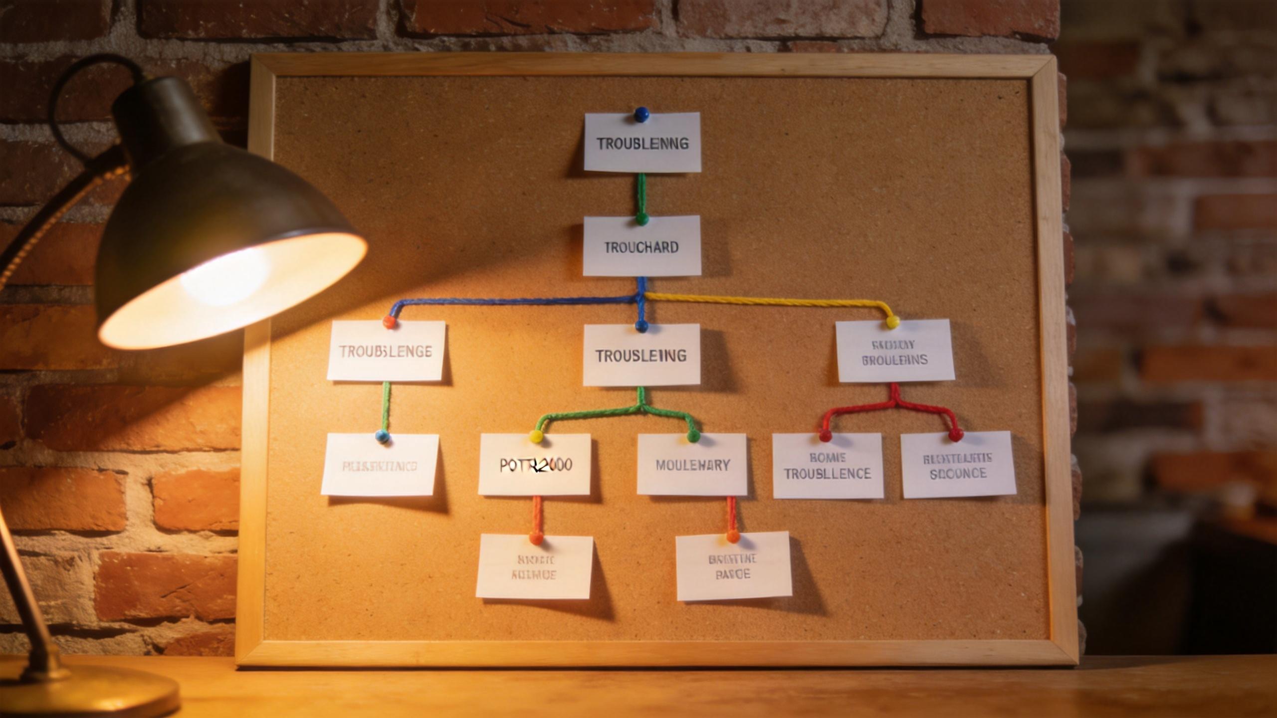 Corkboard flowchart of labeled cards connected by colored string beside a desk lamp