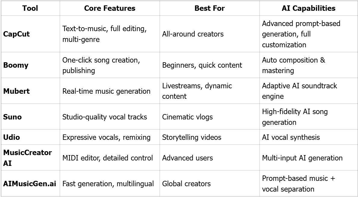 AI Music Generators Comparison Table