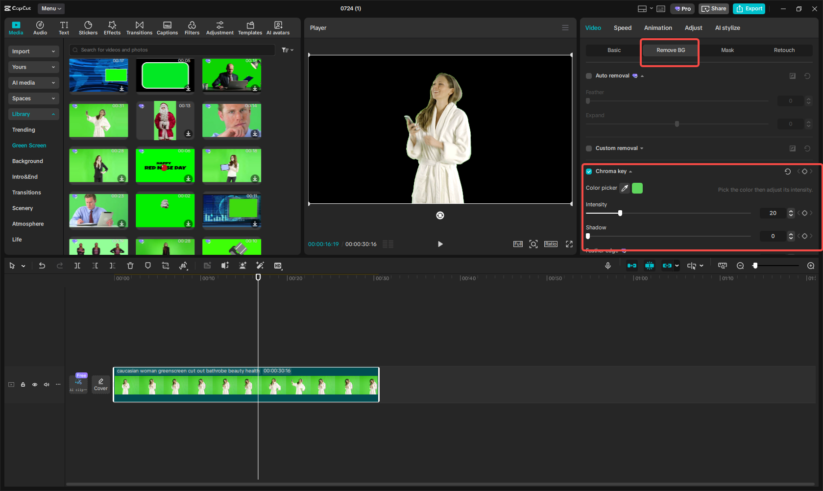 Using the Chroma key to remove the video background  in CapCut