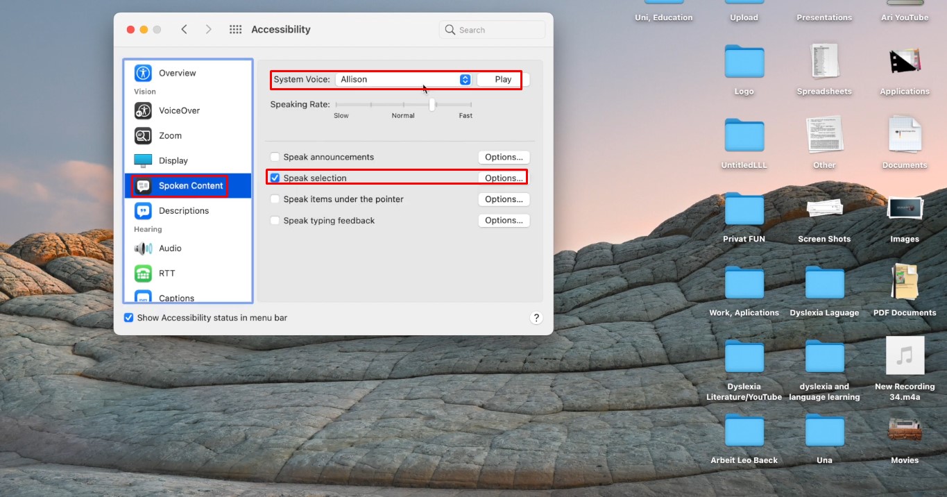 Selecting the spoken content for enabling Mac text to voice