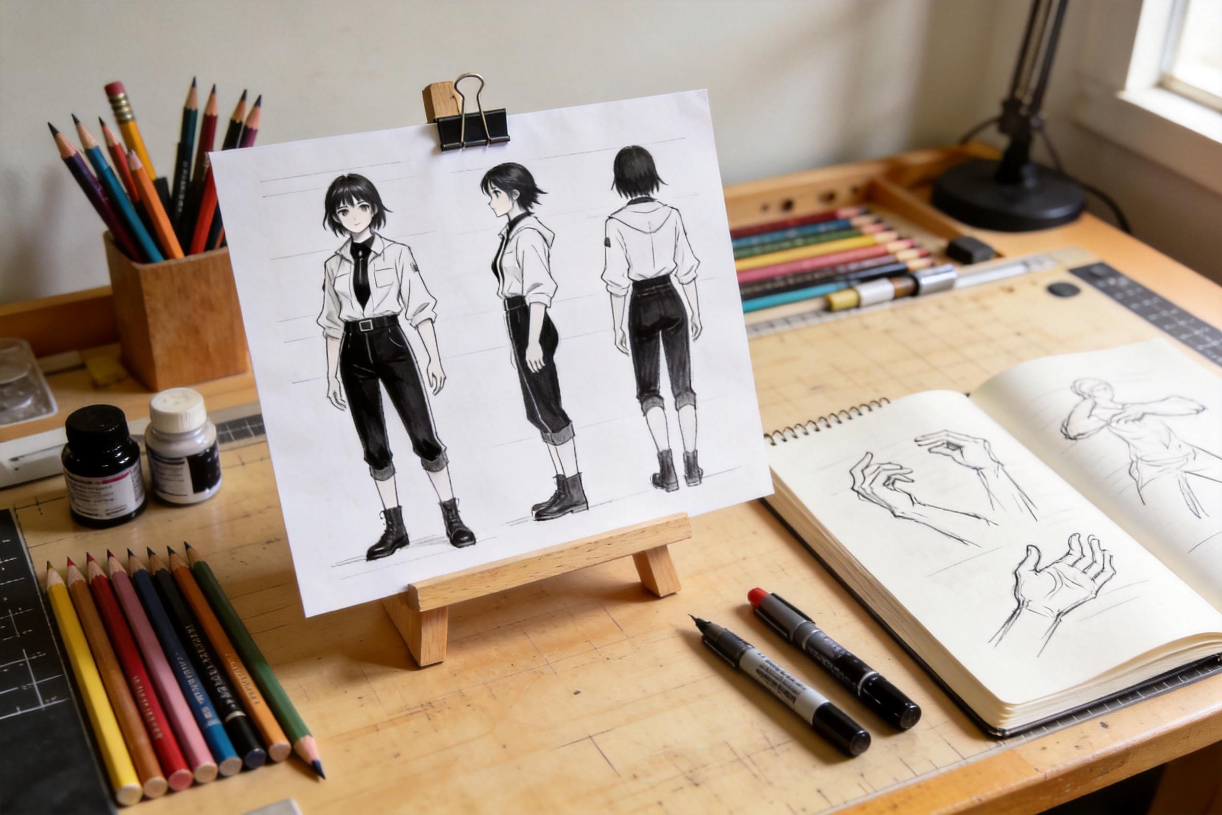 Character design sketch on an easel beside a sketchbook of hand drawings and art supplies