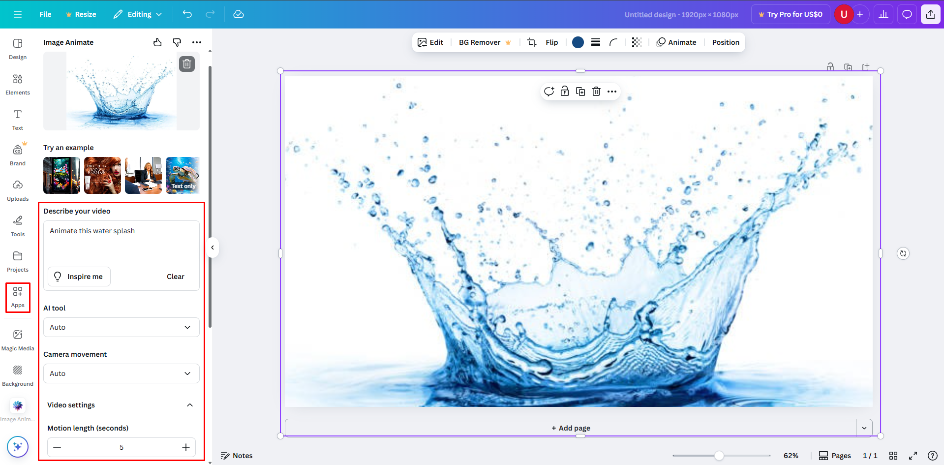 Verwendung des Canva AI Image to Video Tools