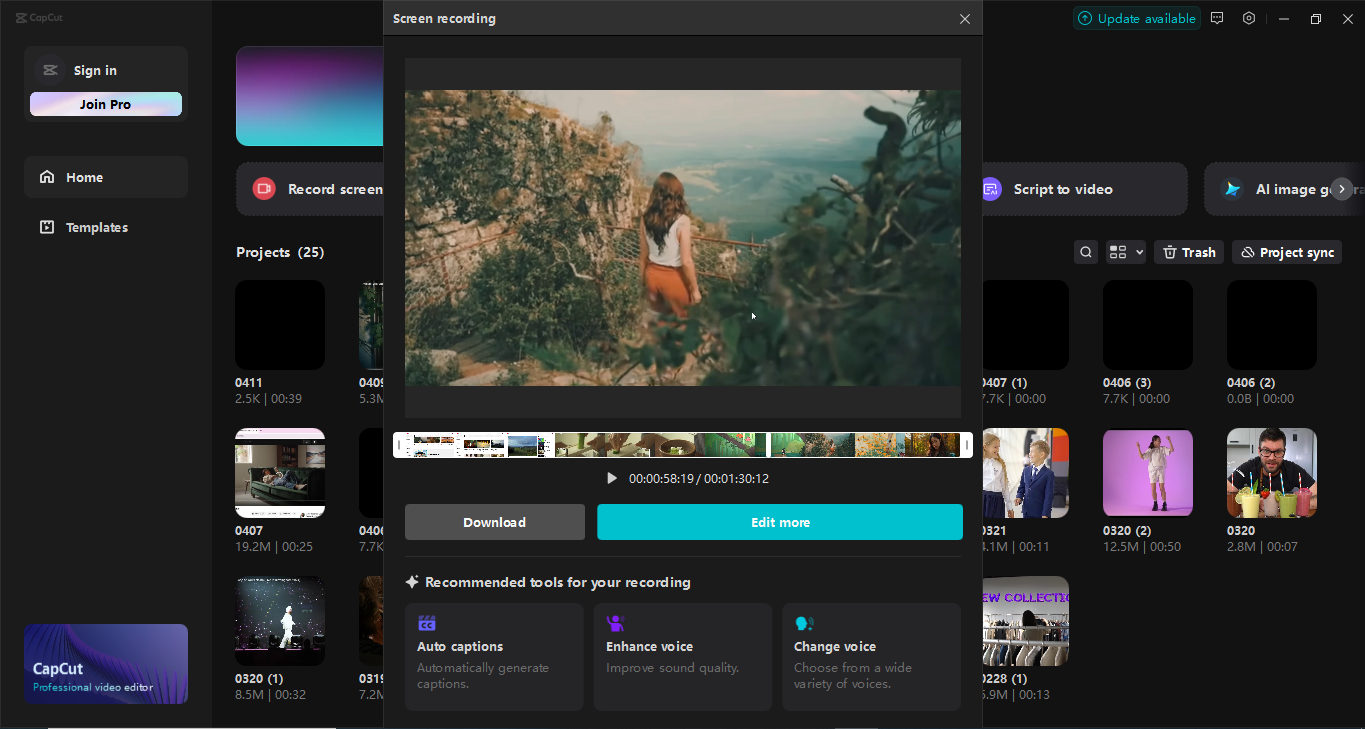 Interface do editor de vídeo para desktop CapCut - um gravador de tela 4k gratuito para vídeos nítidos