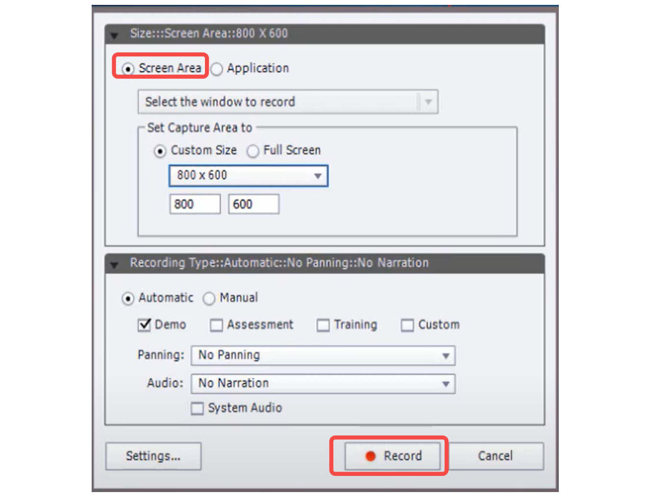 Adobe 화면 레코더로 기록할 화면 영역 선택