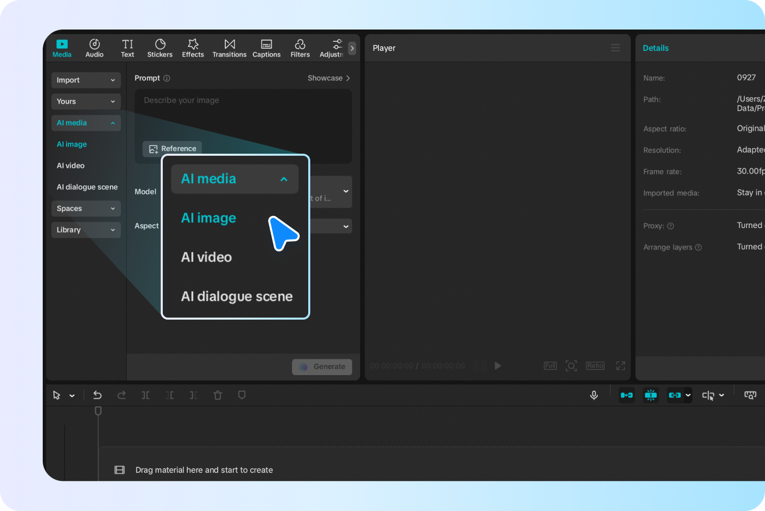 CapCut interfață generatoare de imagini AI cu un prompt text